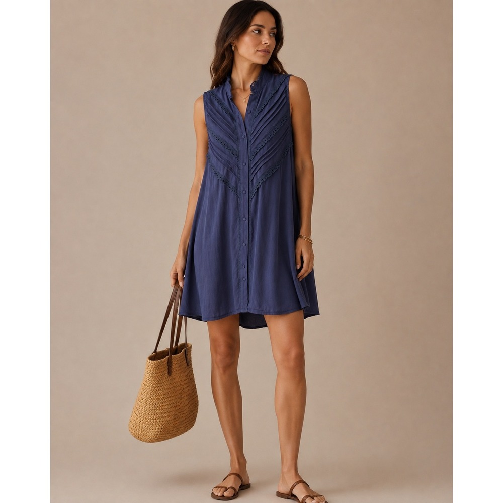 Tuckernuck Pomander Place Navy Eyelet Lace Pintuck Sleeveless Tunic Top S